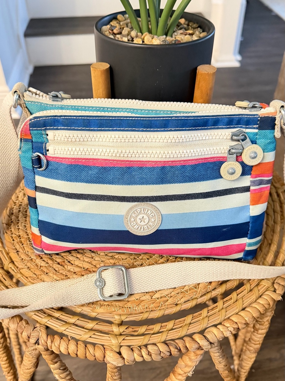 Kipling Blue Multi-Stripe Canvas Crossbody with Cream Strap
